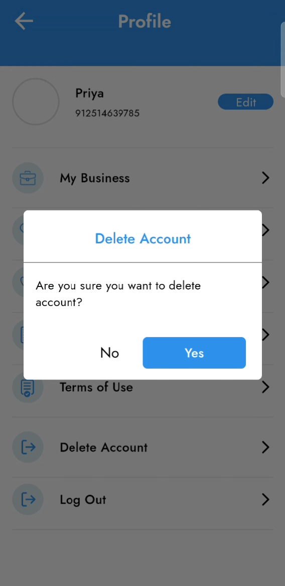 Delete Account Pop-up Screenshot